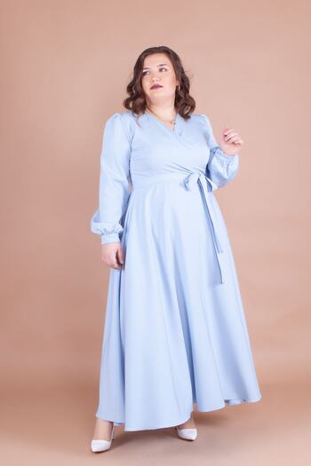 NO48 Rochie de mărime mare, lungă, cu mâneci lungi, cu nasturi și manșete cu nasturi, cu curea, în albastru bebeluș