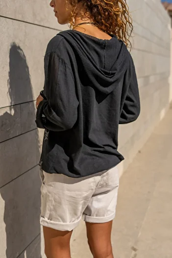 Güneşkızı Black Star Sequin Linen Hooded Blouse - Gk-Rsd2046