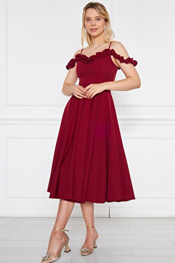 lovebox Flexible Atlas Fabric Adjustable Strap Ruffle Detailed Collar Pleated Flared Midi Burgundy Evening Dress 421