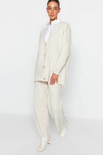 Trendyol Modest Knitwear Cardigan and Trousers Set - Stone Pearl Button Tctaw24Us00037