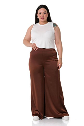DISENTIS MODEST Large Size Wide Leg Satin Brown Trousers with Elastic Waist and Back