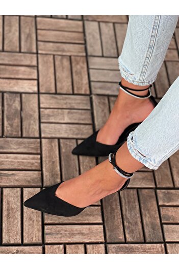 AYAKKABI PRENSİ Signy Ankle Lace Stone Detailed Black Suede Black Suede 10 cm Women's Stiletto, High Heels