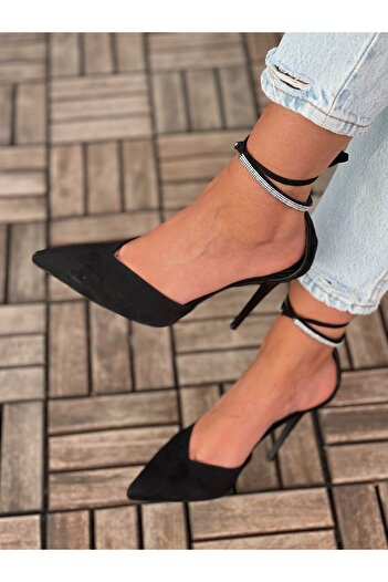 AYAKKABI PRENSİ Signy Ankle Lace Stone Detailed Black Suede Black Suede 10 cm Women's Stiletto, High Heels