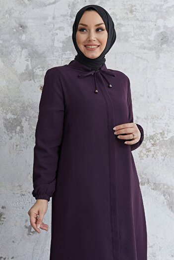 InStyle Yakası Bağcıklı Gizli Patlı Ferace - Mürdüm
