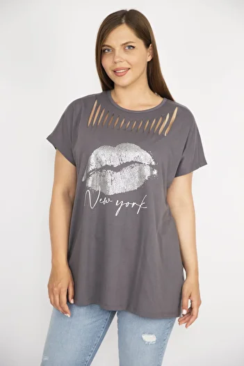 Şans Women's Smoked Large Size Laser Cut and Lacquer Print Detailed Low Sleeve Comfortable Cut Blouse 65n36594
