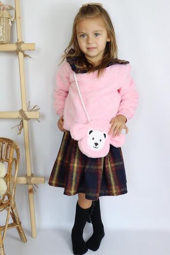 Riccotarz Girl's Baby Collar, Plush Detailed Bag, Checked and Woolen Pink Skirt Suit