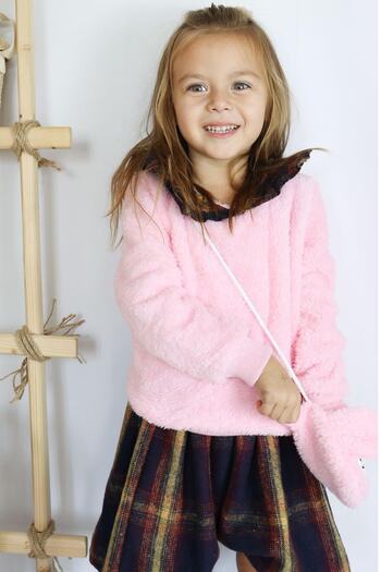 Riccotarz Girl's Baby Collar, Plush Detailed Bag, Checked and Woolen Pink Skirt Suit