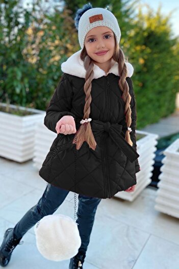 Riccotarz Girl's Fur Collar, Plush Bag, Quilted Black Coat