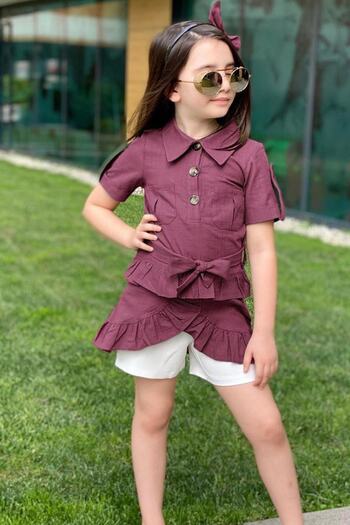 Riccotarz Girl's Belted Purple Tunic with Button Detail and Ruffled Skirt