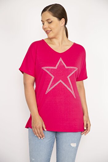 Şans Women's Fujya Plus Size Stone Detailed Short Sleeve Blouse 65n35654