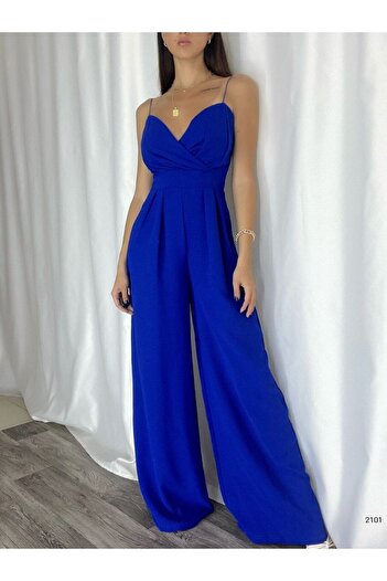 Esinty Rochie salopetă cu picior largi din material crepon importat cu bretele (CULOARE)