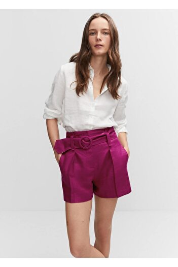 MANGO Woman Belted Linen Shorts