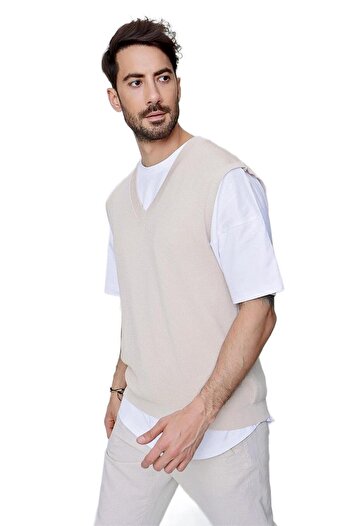 CHUBA Men's V-Neck Cotton Knitwear Sweater Beige