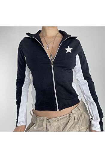 Touz Star Printed Zippered Black Crop