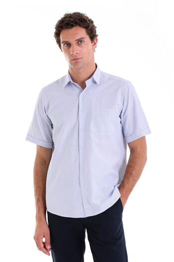 Hatemoğlu Navy Blue Comfort Fit Checkered Cotton Slim Collar Short Sleeve Classic Shirt