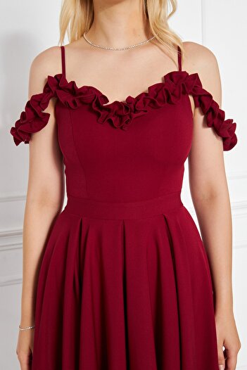 lovebox Flexible Atlas Fabric Adjustable Strap Ruffle Detailed Collar Pleated Flared Midi Burgundy Evening Dress 421