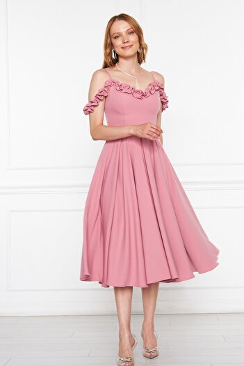 lovebox Atlas Fabric Adjustable Strap Ruffle Detailed Collar Pleated Flared Midi Dusty Rose Evening Dress 421