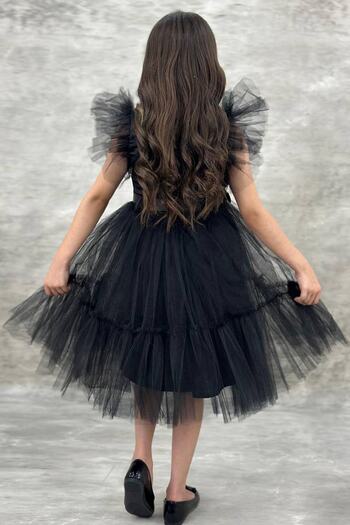 Riccotarz Girl's Shirt Collar Chest and Sleeves Tulle Detailed Wednesday Black Dress