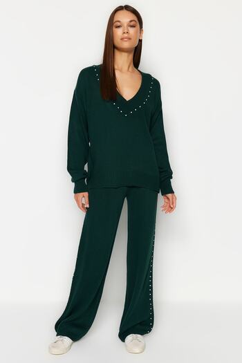 Trendyol Collection Emerald Green Stone Detailed Wide Fit Knitwear Set - TWOAW24AU00008