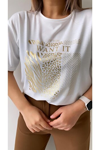 SEDA FİDAN If You Want It Foil Printed T-Shirt Ecru