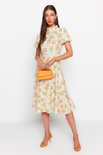 Trendyol Collection Ecru Floral Patterned A-line Flounced Lined Midi Woven Dress TWOSS20EL0894