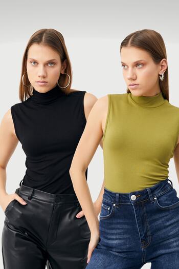 Bipantolon Women's Black Oil Green 2-Piece Sleeveless Body