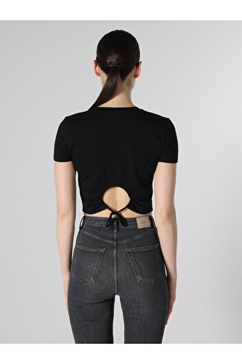 Colin's Slim Fit Round Neck Knitted Printed Women's Black Short Sleeve T-Shirt