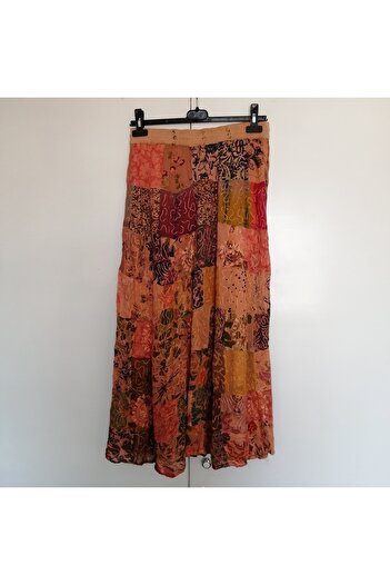 Butik Tülin Otantik viskoz peçvörk somon çok renk desenli nakışlı astarlı lastikli bağcıklı uzun etek Hint Malı
