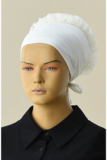 penye Women's Off-White Fancy Stitched Back Tie-Up Combed Cotton Bonnet