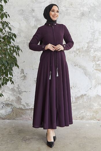InStyle Sivya Collar Button Sash Knitted Abaya - Plum