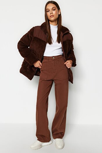 Trendyol Collection Dark Brown Color Block Plush Puffer Jacket TWOAW24MO00101