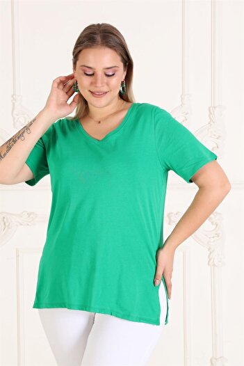 Seamoda V-Neck Slit Oversize Large Size Women's Basic T-shirt-green