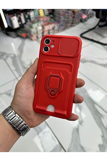 HappyCase iPhone 11 Kılıf Tank Kılıf Sürgülü Kılıf Kartlıklı Kılıf Stantlı Kılıf Kırmızı