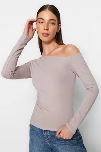 Trendyol Collection Mink Boat Neck Off Shoulder Gathered Fitted Cotton Stretchy Knitted Blouse TWOAW24BZ00107