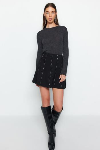 Trendyol Collection Černý kámen doplněk Mini bruslař/otevírací pás Pletená sukně TWOAW24ET00075
