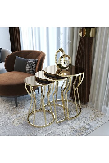 Puklife C Kum Saati 3'lü Zigon Sehpa Takımı Gold Ayak - Bronz Ayna