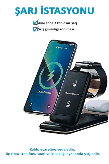 TECHNOMEN Kablosuz Şarj Istasyonu Telefon Akıllı Saat Kulaklık 15 W Aynı Anda 3 Cihaz Şarj