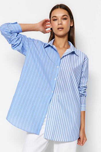Trendyol Collection Blue Striped Oversize/Wide Fit Woven Shirt Twoaw24Go00243