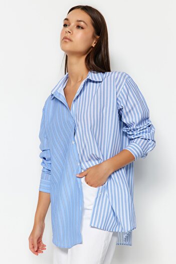 Trendyol Collection Blue Striped Oversize/Wide Fit Woven Shirt Twoaw24Go00243