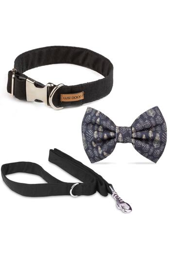 Lusi Doog Black Dog Neck Collar Dog Bow Tie and Walking Strap Set
