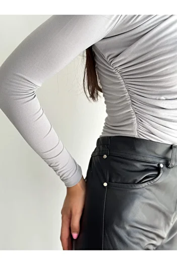 laughs WOMEN'S LONG SLEEVE HIGH COLLAR SHOULDER AND WAIST STRAW DETAILED SANDY FABRIC BLOUSE LPP2219