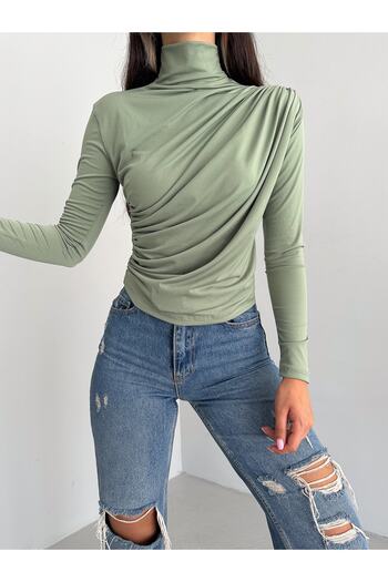 laughs WOMEN'S LONG SLEEVE HIGH COLLAR SHOULDER AND WAIST STRAW DETAILED SANDY FABRIC BLOUSE LPP2219