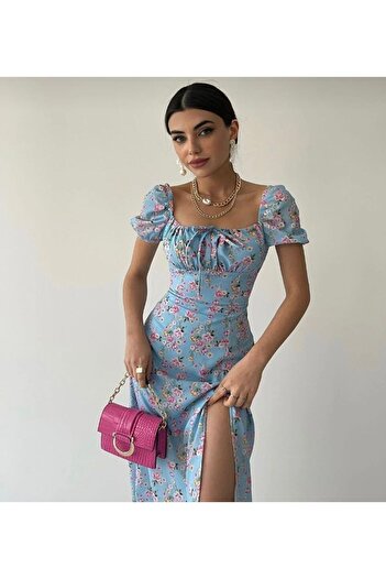 FMN Moda Rochie Fmn pentru femei, cu fustă largă, cu guler legat și cu fantă cu model floral