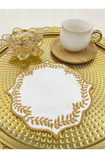 AYNAKIŞÇEYİZ 6-Piece Row Spike Patterned Embroidery Linen Coffee Side Presentation Napkin & Coaster