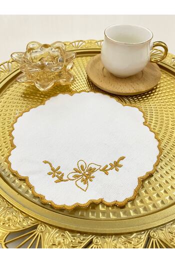 AYNAKIŞÇEYİZ 6-Piece Small Butterfly Patterned Embroidery Linen Coffee Side Presentation Napkin & Coaster