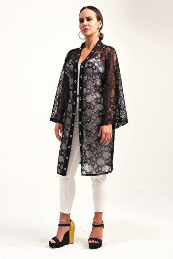 Marever Fashion Black Short Kimono Kaftan with Lace and Bird Eye Detail Pockets
