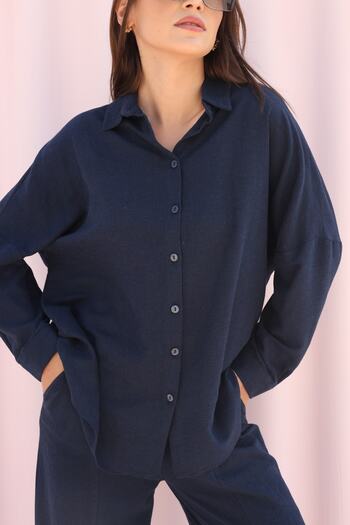 Laluvia Navy Blue Oversize, alacsony vállú vászoning
