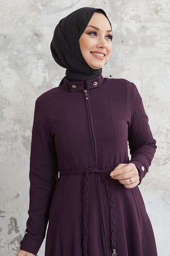 InStyle Sivya Collar Button Sash Knitted Abaya - Plum