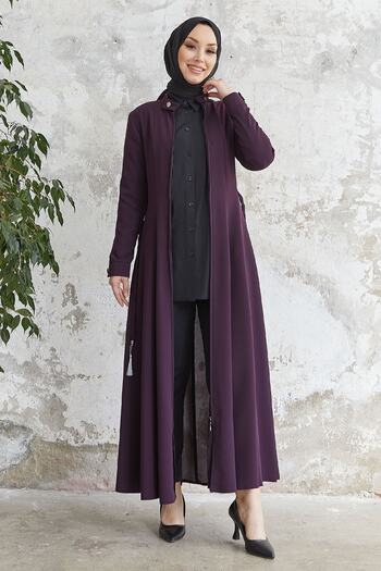 InStyle Sivya Yakası Düğme Kuşağı Örmeli Ferace - Mürdüm