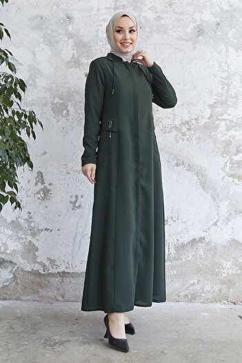 InStyle Elena Waist Detailed Hooded Abaya - Khaki